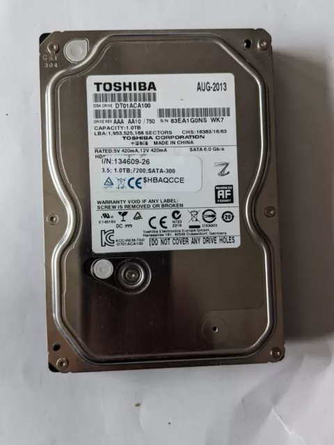 Disque dur Toshiba 3,5" DT01ACA100 1 To SATA 7200 RPM 6 Gbits/s