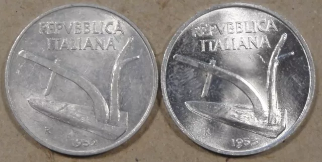 Italy 10 Lira 1952 AU + 1953 BU Small Plan Flaw below NA in ITALIANA
