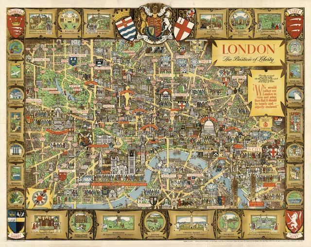 LONDON ENGLAND VINTAGE Map Wall Art Poster Decor The Bastion of