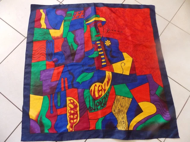 Foulard 100% Soie Vintage, Fond Gris, 52x52 Cm, Pour Femme