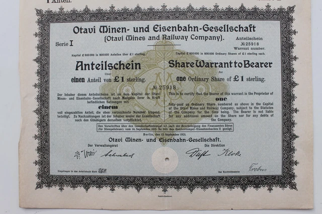 29399 Anteilsschein Otavi Mining And Eisenbahn-Gesellschaft Mines Railway Com