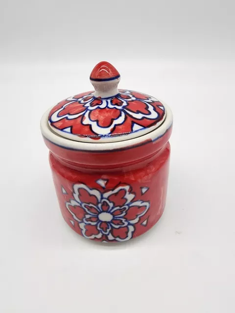 Pier 1 Ceramic Jar Red & White Floral Lidded With Seal 4.5" Trinket Stash Spice