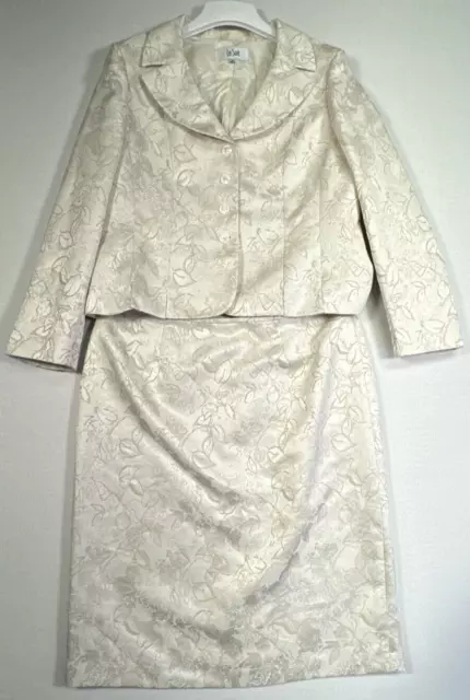 Le Suit Womens 2 Piece Skirt & Jacket Suit Size 18 Ivory Cream Floral Desgin