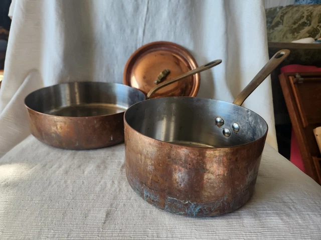 2 Williams-Sonoma Copper Pans Stainless Lined Copper Handle 8" 6.5" lid france
