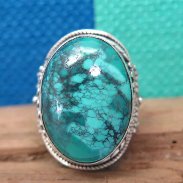 Hubei Chinese Turquoise Large Chunky 925 Sterling Silver Ring 17.1g Size 12.5