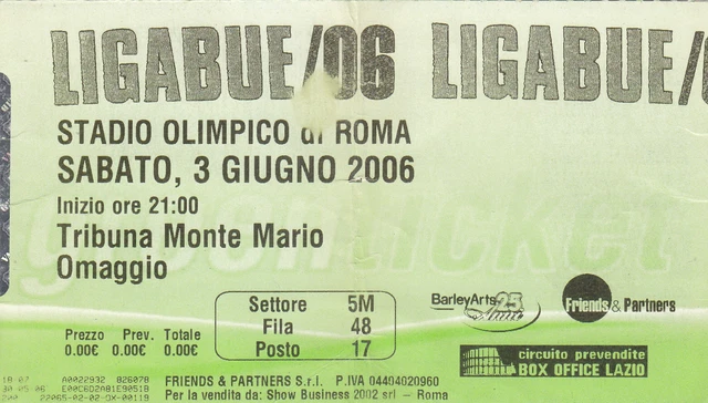Biglietto Ticket Ligabue Concerto Roma Stadio Olimpico 3 Giugno 2006