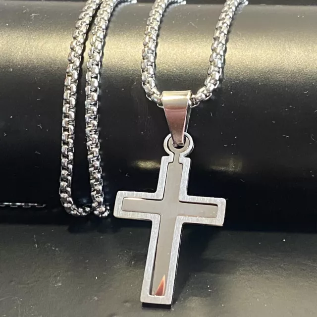 Collana con croce rosario in acciaio inox da uomo donna catenina lunga 50 cm