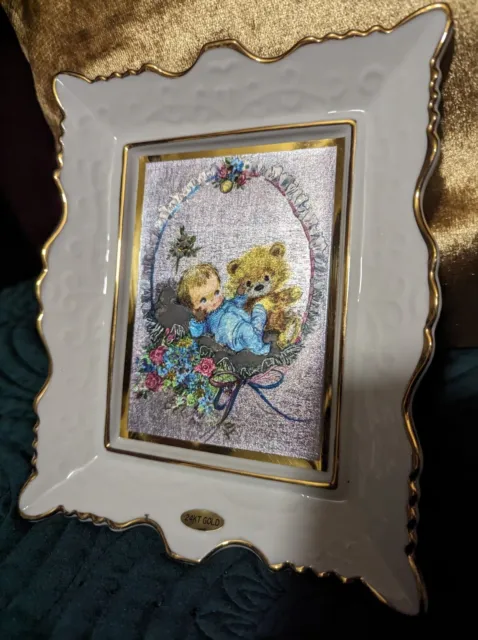 Vintage Foil Holographic Nursery Decor Baby Teddy Flower Gold Frame RARE Art