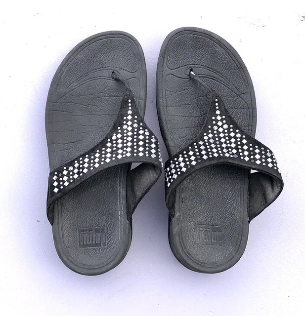 Fitflop Black Suede Thong Sandals Studs Rhinestones Sz 5 2