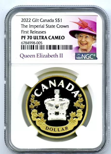 2022 $1 Canada Silver Gilt Dollar Proof Ngc Pf70 Qe Ii Imperial State Crown - Fr