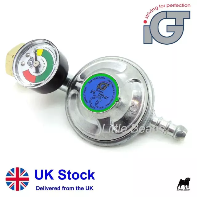 Butane Gas Regulator Screw On Bottle 28mbar 4.5kg c/w Gauge BBQ Camping Caravan