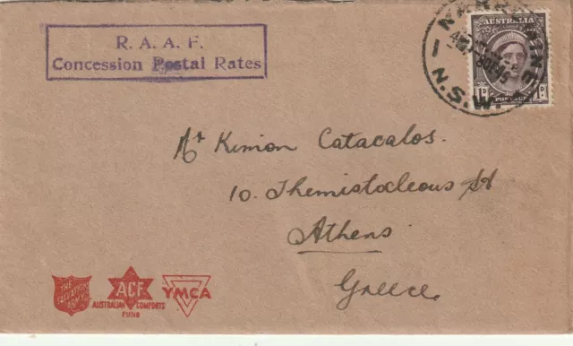 1945 Australia WWII RAAF cover sent from Narromine NSW to Athens Greece