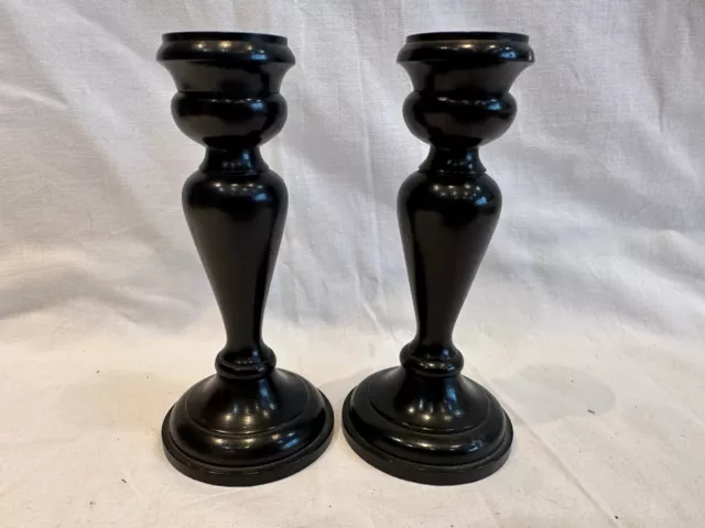 Vintage Pair Wooden Candle Sticks - Church - Unusual Design 14.5cm Tall - Ebony