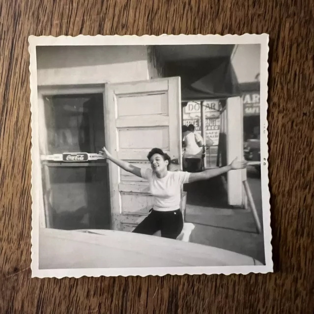 Vtg Black Americana Photo- Girl In Front Of Store Or Restaurant, Coca Cola Sign