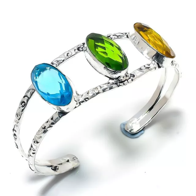 Peridot, Blue Topaz Gemstone 925 Sterling Silver Cuff Bracelet Adjustable