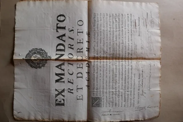 1763 PLACARD Affiche MANDATO RECTORIS ACADEMIAE Datum Burdigalae Bordeaux