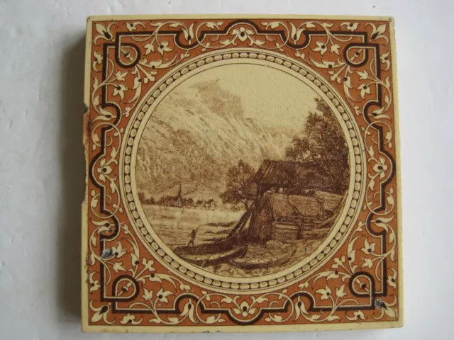 ANTIQUE VICTORIAN MINTONS L.T. SWETNAM LANDSCAPE TILE  - LAKE & MOUNTAINS c1890