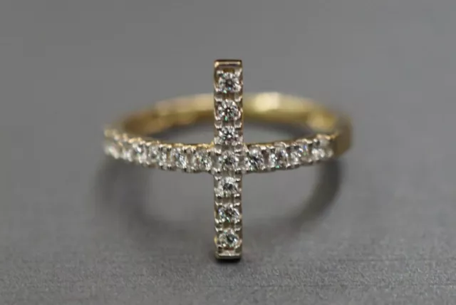 10K Solid Yellow Gold Sideways Cross CZ Ring. Size 7