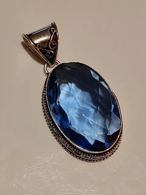 925 Silver Blue topaz Gemstone Pendant. Stunning! Large. Faceted     2325