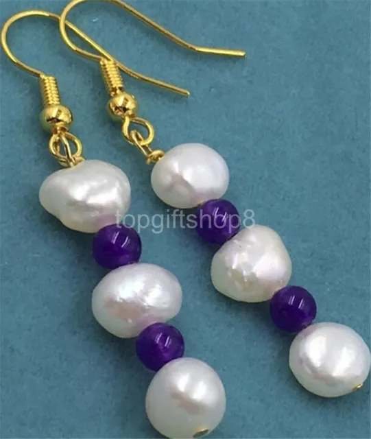 8-9MM white baroque pearl purple jade hook earrings