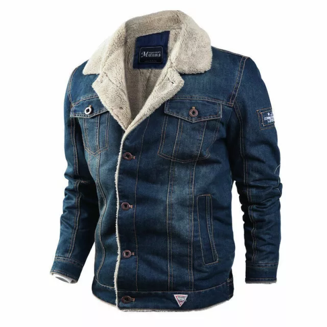 Mens Fleece Lined Fur Lapel Collar Winter Warm Jean Coat Trucker Denim Jacket