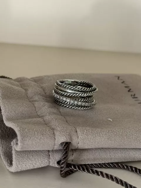 Authentic David Yurman Sterling Silver Crossover Wide Cable Pave Diamond Ring