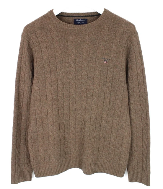 Gant Fine Lambswool Maglione Uomo Grande Treccia Doppia Manica Lunga e Girocollo