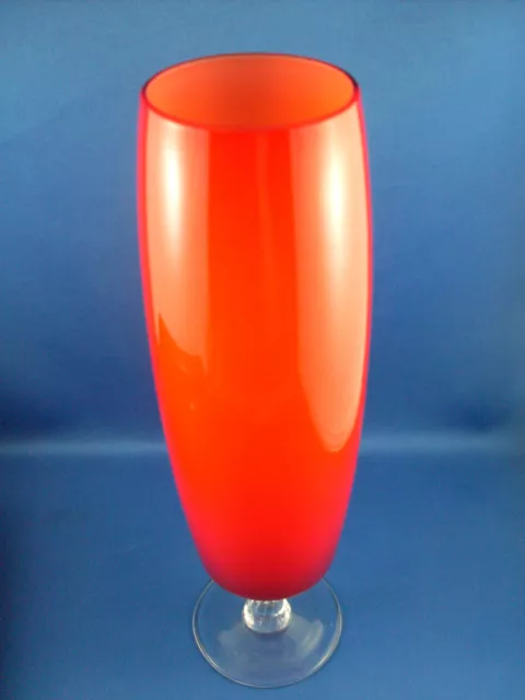 Rare Vintage MURANO Venetian FINE ART GLASS Orange VASE with Clear TWISTED STEM