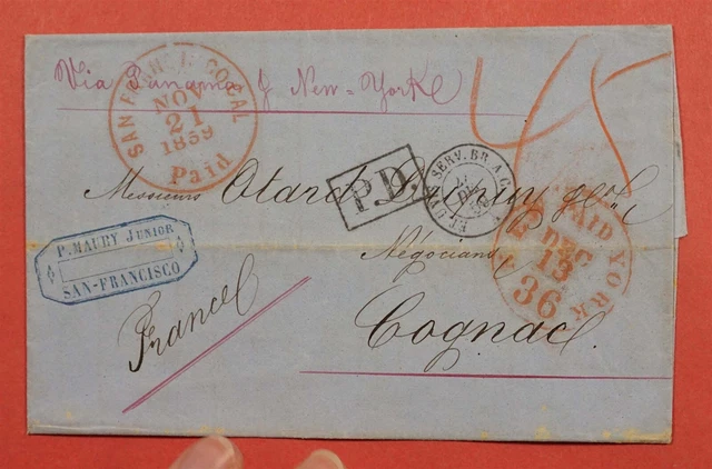 1859 Stampless F/L San Francisco Ca Paid 36 To France