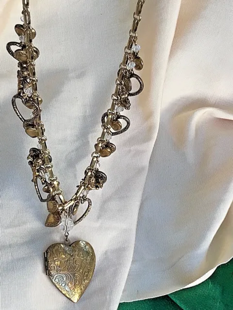 SADIE GREEN Necklace Locket ETCHED HEART   HEART & DOVE CHARMS  w CRYSTAL 24"