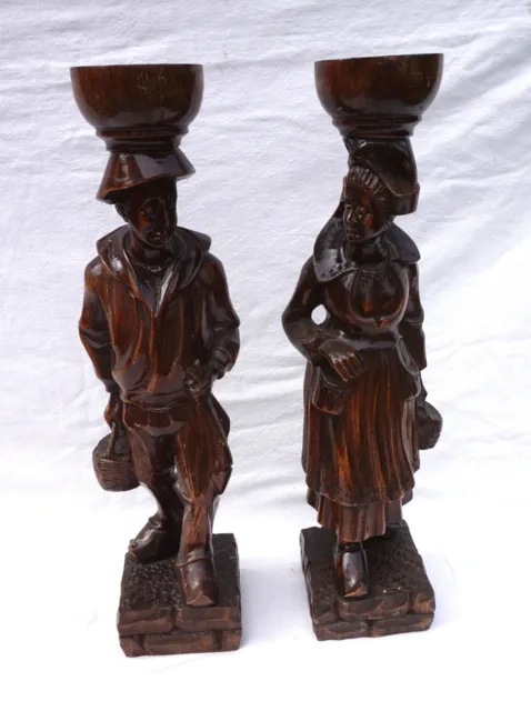 Quimper Couple Breton Wood Carved Pair Statue Figure Coming Back Fishing Market
