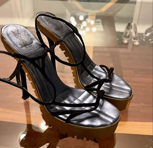 Saint Laurent Black Strappy Gold Platform Sandals 42