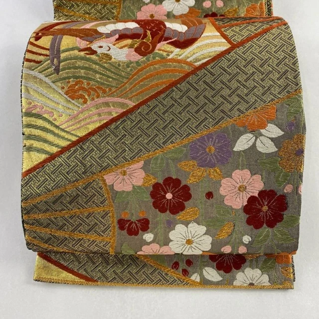 Japanese Kimono Obi belt Pure Silk women Fan phoenix gold thread Karawori formal