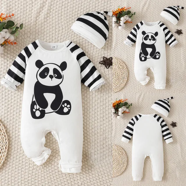 Newborn Baby Boys Girls Kids Panda Romper Jumpsuit Bodysuit Hat Clothes Outfits