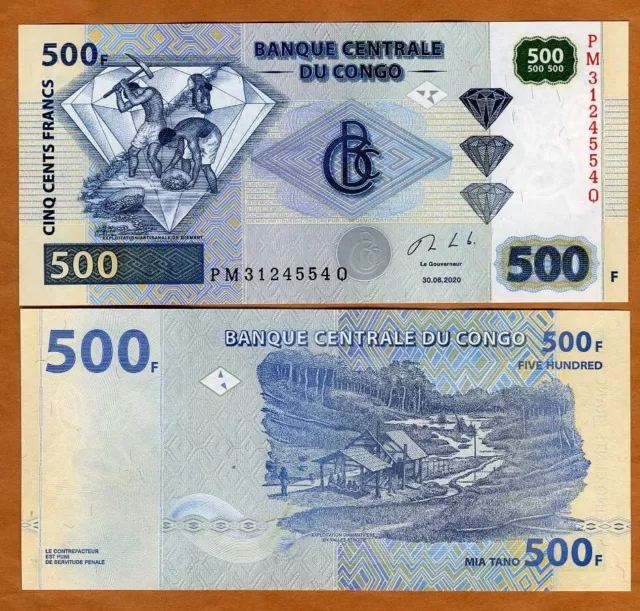 Congo D. R. 500 Francs, 2020, P-New, UNC Diamond Mining