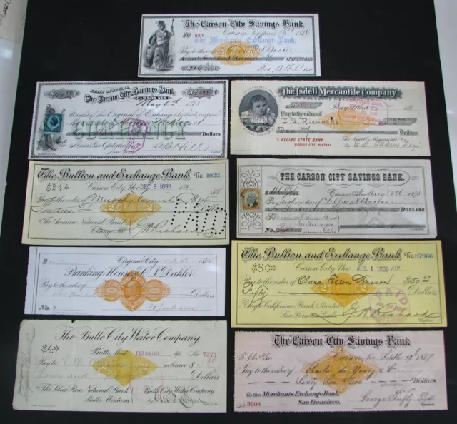 #50 - 9 NICE Western REVENUE CHECKS old Montana Nevada BUTTE, CARSON CITY, PONY