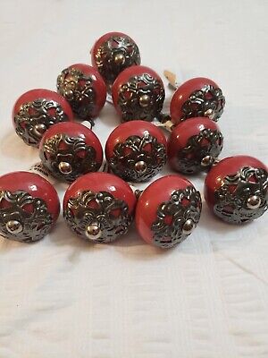 Lot Of 12 World Market  Drawer/ Cabinet Pulls.  Ceramic Red And Metal. New