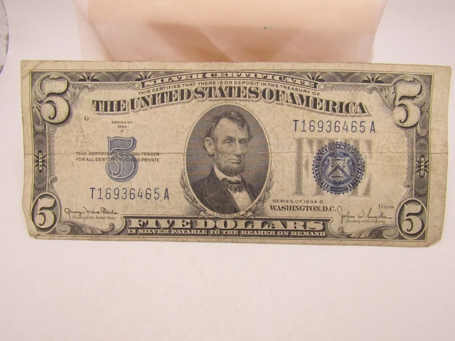 U. S. 5.00 Silver Certificate Note Series 1934 - D  Blue Seal T16936465A*