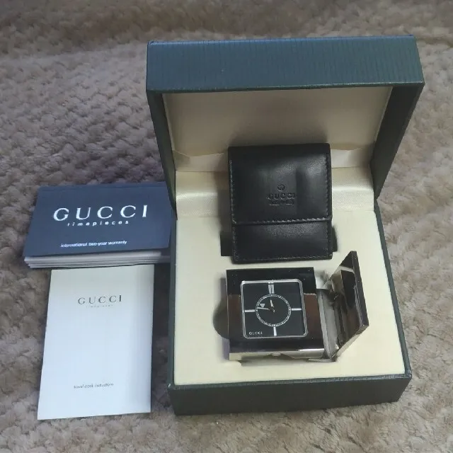Authentic Gucci Travel Desk Clock Silver Leather Case Box Unused