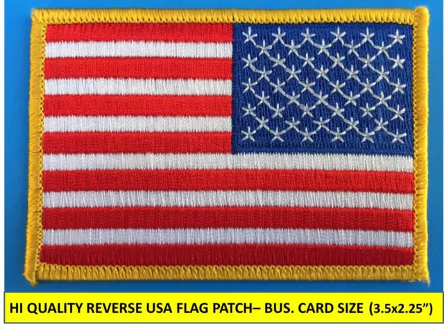 REVERSE USA AMERICAN FLAG EMBROIDERED PATCH IRON-ON SEW-ON GOLD BORDER(3½ x 2¼”)