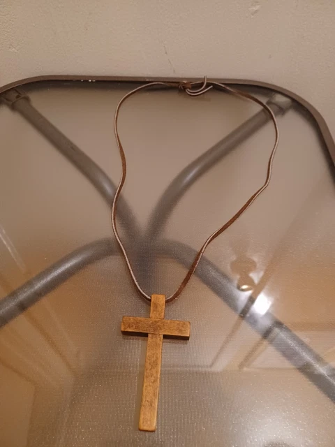 Necklace wooden cross with brown suede  cord  rope