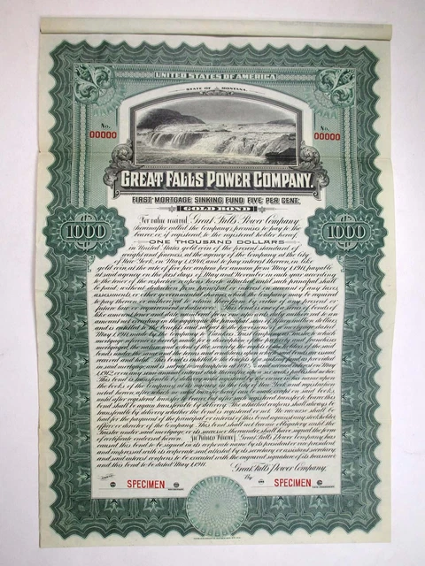 MT. Great Falls Power Co., 1911. $1000 Specimen 5% Coupon Bond, VF-XF. IBNC