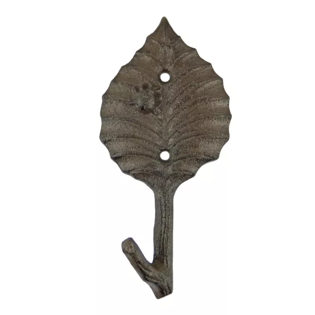 Cast Iron Leaf Wall Hook With Beetle Key Towel Coat Hanger Rustic Antique Brown