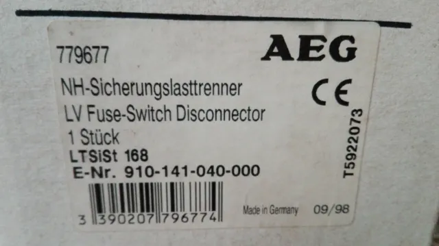 AEG : Nh-Sectionneur Type : LtSiSt 168/910-141-040-000 / Neuf/Emballage