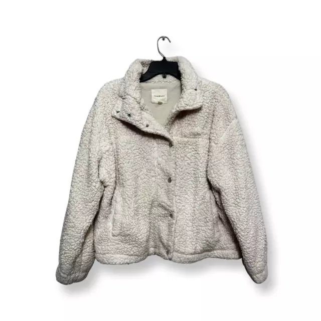 Thread & Supply Womens Fleece Jacket Ivory Buttons Lined Collar Teddy XL New