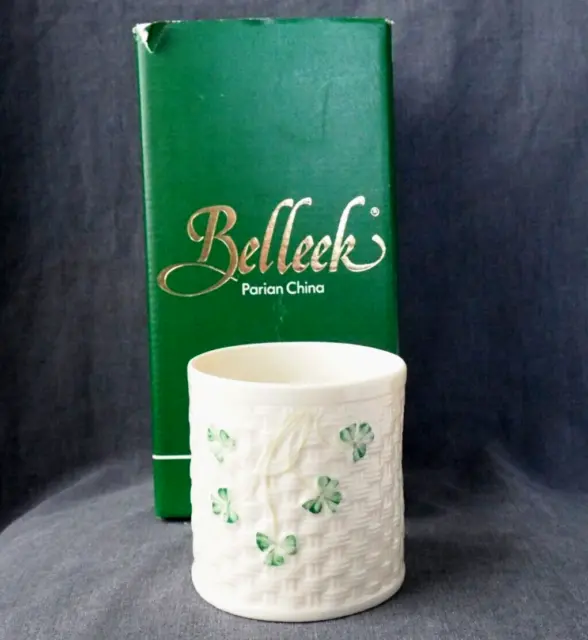 Boxed Belleek Parian china Irish porcelain shamrock bowl vase planter jar holder