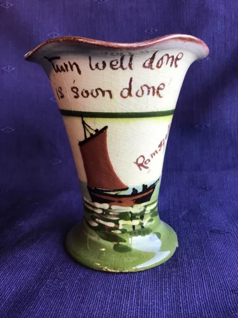 Torquay Pottery "Ramsgate" Sailing Ship & Motto Ware Small Vase - Unmarked