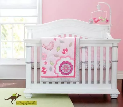 New Baby Girls 3 Pieces Pink Happy Bird Cotton Nursery Bedding Crib Cot Sets