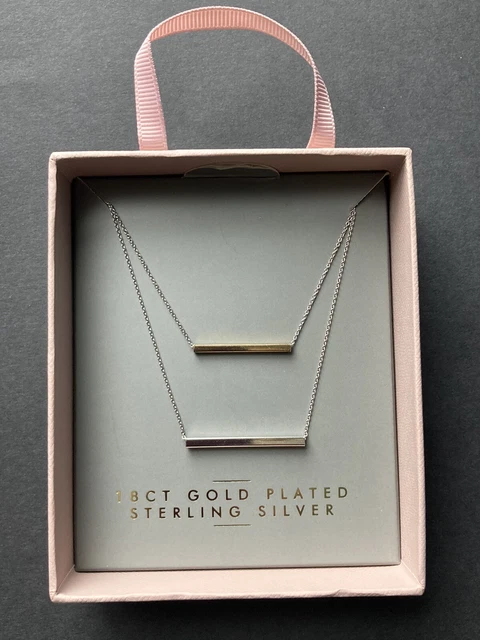 NEXT 925 Sterling Silver/18ct Gold Plated Bars Necklace Fine Minimalist 2 Chains