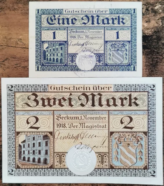 Lot 2 billets Allemagne BECKUM 1 et 2 Mark 01/11/1918 - UNC - Geiger 035